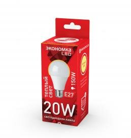 Лампа светодиодная Е27 груша, 20Вт, 3000K (теплый свет) Экономка EcoL20wA60230vE2730 / 10 / 100