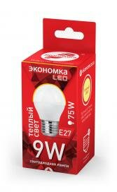 Лампа светодиодная Е27 шар, 9Вт, 3000K (теплый свет) Экономка Eco_LED9wGL45E2730 / 10 / 100